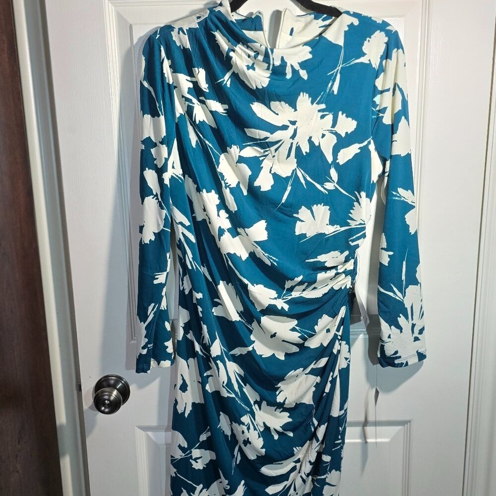 Women's 3/4 sleeve, teal floral dress, zipper back, tags attached, 12